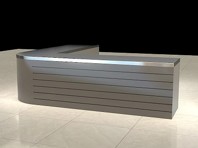 Modern Sleek Reception Desk With Metallic Surface And Horizontal Lines On Light Tile Floor 3d model