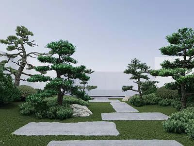 Arbor Trees In Japanese Garden Landscape With Pine Trees Stone Path Green Lawn And Bushes 3d model