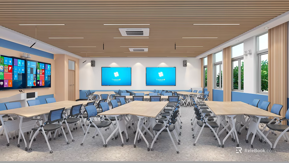 Modern School Classroom Interior With Folding Desks Chairs And Screens 3d model 