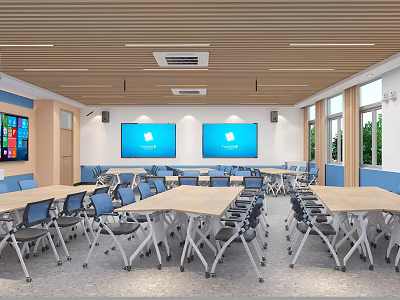 Modern School Classroom Interior With Folding Desks Chairs And Screens 3d model