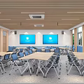Modern School Classroom Interior With Folding Desks Chairs And Screens