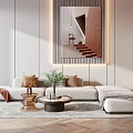 Light Beige Sectional Sofa With Decorative Pillows Green Plants And Round Coffee Tables