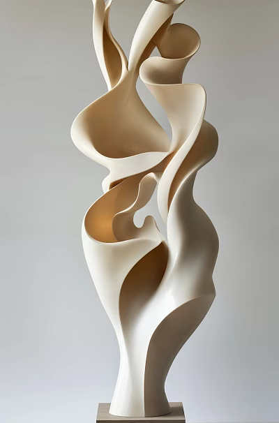 Abstract Carved Sculpture with Flowing Curved Lines in Beige Ceramic for Modern Art Decor 3d model