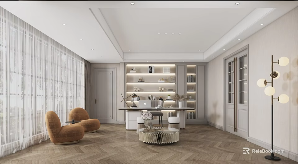 Elegant Study Room Interior Design With Bookshelf Desk Chair And Window 3d model