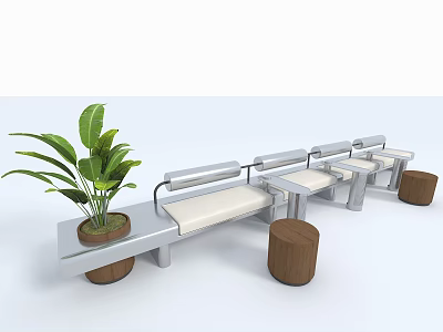 Modern Public Chair with Metal Frame Beige Cushion Wooden Stools and Potted Plants 3d model