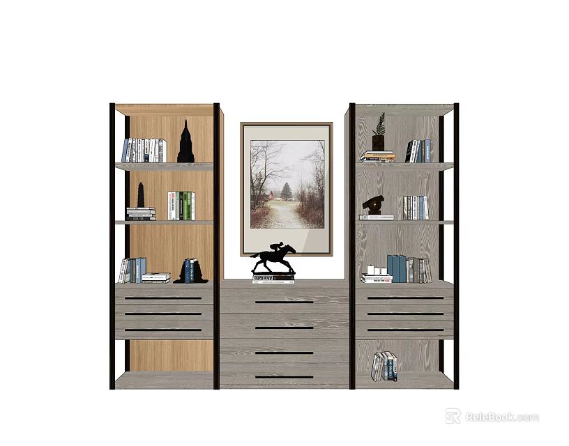 Modern Decorative Cabinet With Open Shelves Drawers Books And Painting In Living Room 3d model 