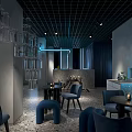 Modern Café With Dark Blue Seats Black Grid Ceiling Chandeliers Marble Floor And Blue Lighting