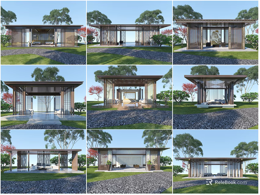 Modern Wooden Pavilion Design With Glass Walls Green Surroundings And Gravel Ground 3d model 