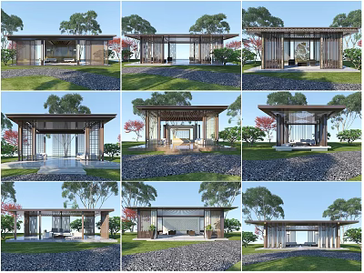Modern Wooden Pavilion Design With Glass Walls Green Surroundings And Gravel Ground 3d model