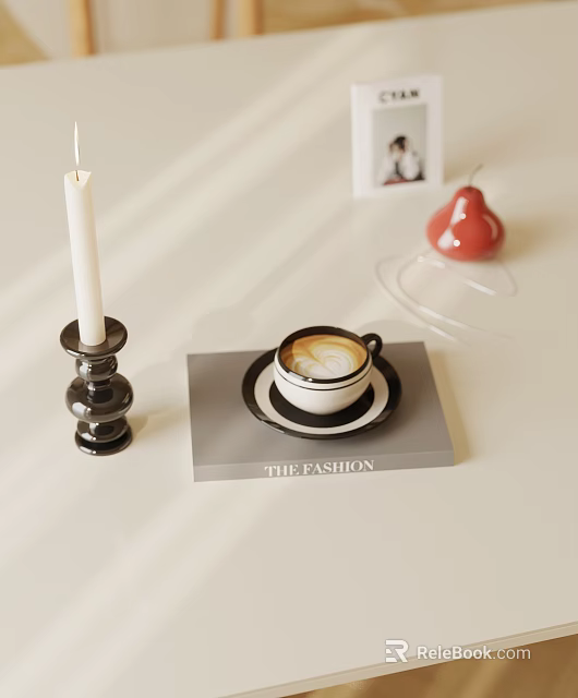 Minimalist Tableware Set With Coffee Cup Saucer And Red Decorative Pear In Natural Light 3d model 