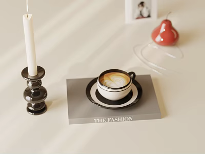 Minimalist Tableware Set With Coffee Cup Saucer And Red Decorative Pear In Natural Light 3d model