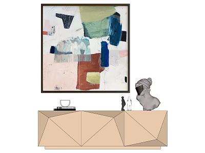 Abstract Painting Above Geometric Cabinet With Decorative Sculptures And Items 3d model