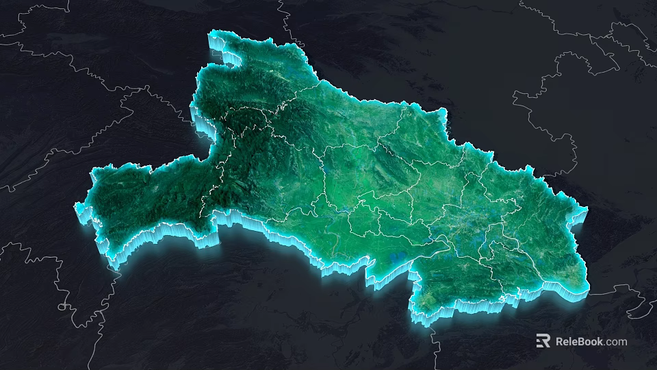 Green Regional Map Displaying Administrative Boundaries And Terrain Details 3d model 