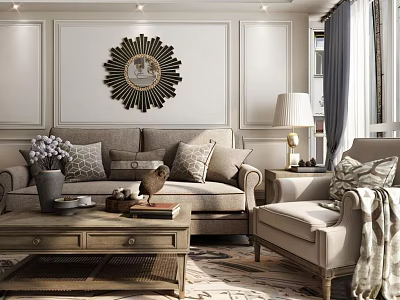 Cozy Beige Sofa Coffee Table Set With Decorative Mirror Throw Pillows And Armchair 3d model
