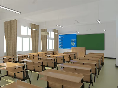 School Classroom With Desks Chairs Teacher Desk Blackboard Blue Bulletin Board Windows And Lights 3d model