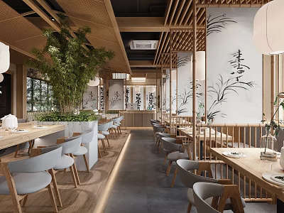 Elegant Asian Restaurant Interior Featuring Wooden Structures Bamboo Decor Calligraphy Wall And Hanging Lanterns 3d model