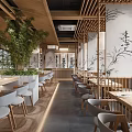 Elegant Asian Restaurant Interior Featuring Wooden Structures Bamboo Decor Calligraphy Wall And Hanging Lanterns