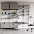 Steel-wood structure wall-hanging bookshelf combination desk and chair office desk and chair combination gray-white workbench study 3d model