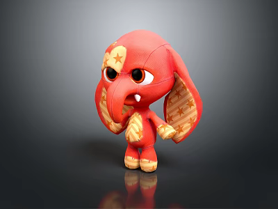 Cute Red Cartoon Elephant Plush Toy With Star Pattern Ears And Big Eyes 3d model