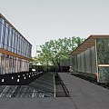 Modern Garden Landscape Design Featuring Tall Trees Stone Walls Water Pathway And Building Background