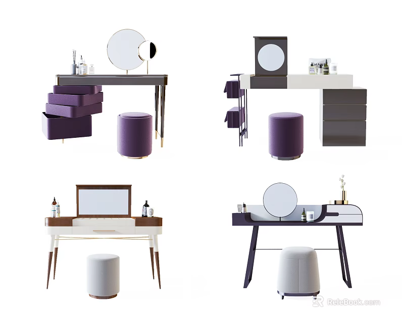 Modern Dressing Table Interior Design With Round Mirror Stool And Cosmetic Storage 3d model