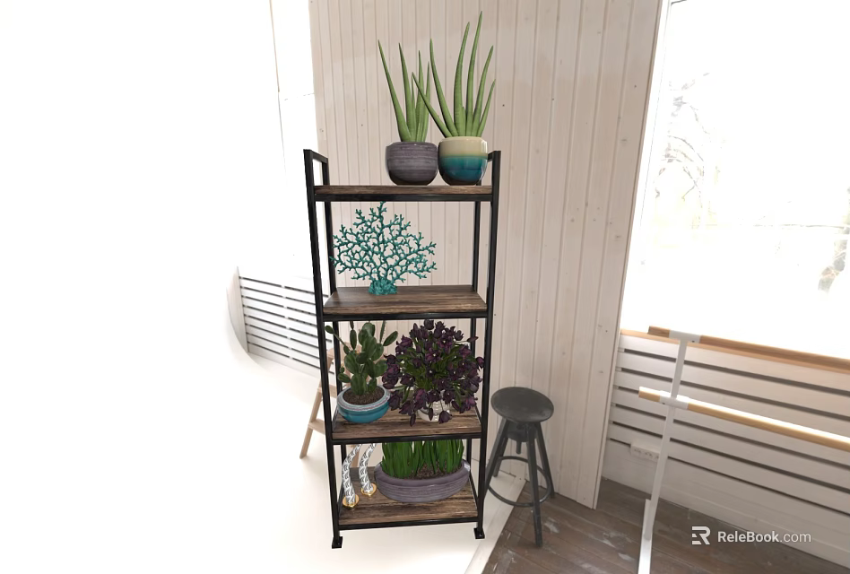 Modern Minimalist Indoor Garden Decor With Multi Tiered Plant Stand And Various Potted Plants 3d model 