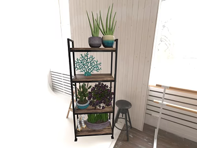 Modern Minimalist Indoor Garden Decor With Multi Tiered Plant Stand And Various Potted Plants 3d model