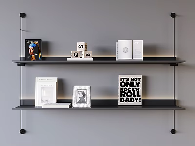 Black Wall Mounted Floating Shelves With Two Tiers Holding Books Photo Frames And Decorative Items 3d model