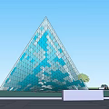 Modern Plaza Landscape Featuring Blue Glass Structure Circular Water Pool And Reflection 3d model