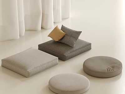 Minimalist Interior With Soft Gray Square Floor Cushions And Round Ottoman Poufs 3d model