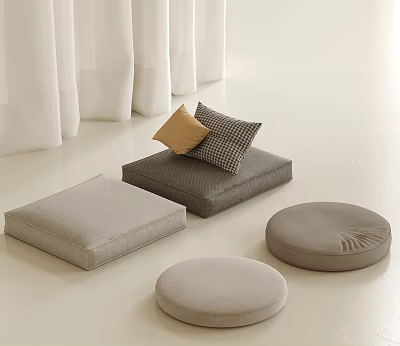 Minimalist Interior With Soft Gray Square Floor Cushions And Round Ottoman Poufs 3d model
