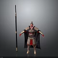 Ancient Armored Warrior Character With Long Decorated Spear And Traditional Gear