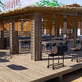 Outdoor Restaurant With Thatch Roof Poolside Palm Trees And Umbrella Seating