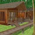 Wooden Guesthouses with Thatched Roofs Surrounded by Green Lawn Trees and Wooden Walkway
