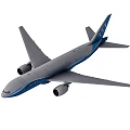 777 Commercial Airliner in Blue and White with Wings Engines and Tail Design