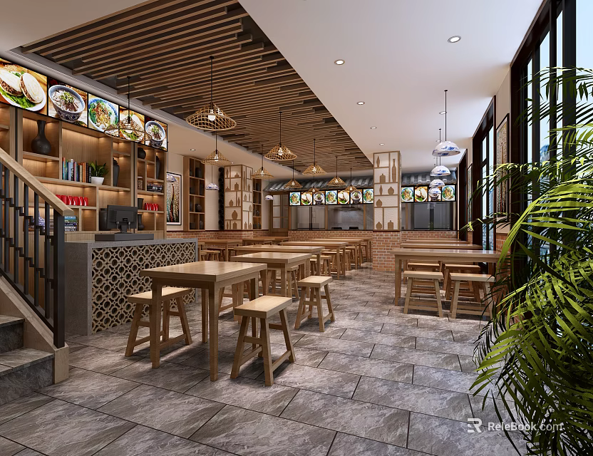 Cozy Restaurant Interior With Wooden Ceiling Open Space Tables Stools Menu Displays And Green Plants 3d model 
