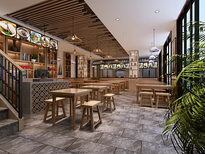 Cozy Restaurant Interior With Wooden Ceiling Open Space Tables Stools Menu Displays And Green Plants 3d model