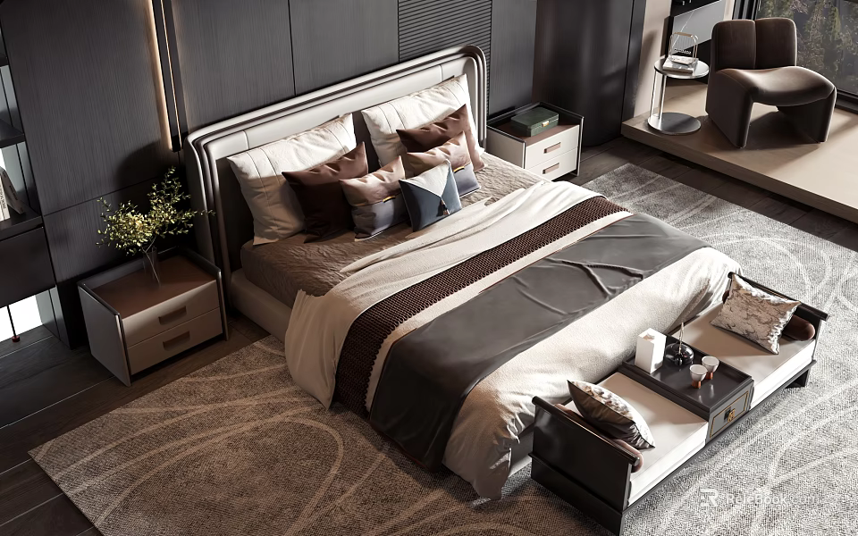 Double Bed With Modern Headboard Multiple Pillows Nightstands And Area Rug 3d model