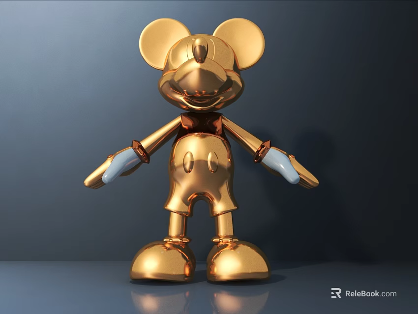 Golden Mickey Mouse Shaped Doll With Shiny Metallic Finish White Hands And Standing Pose 3d model 