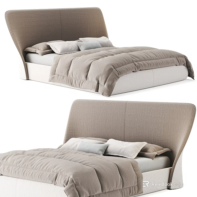 Modern Upholstered Double Bed With Curved Headboard And Soft Neutral Bedding Pillows 3d model 