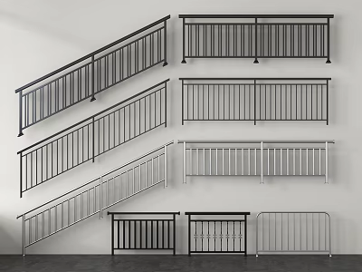 Various Modern Metal Railing Designs With Horizontal And Vertical Bars For Staircases And Balconies 3d model