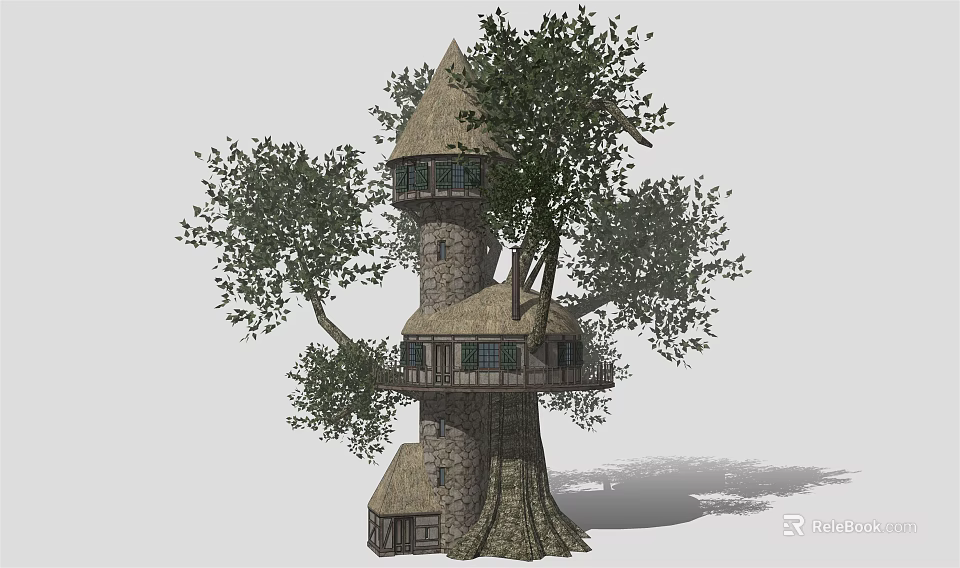Nature Inspired Stone Tree House With Multiple Levels Pointed Roof And Green Trees 3d model 