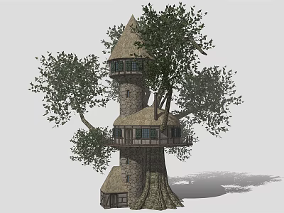 Nature Inspired Stone Tree House With Multiple Levels Pointed Roof And Green Trees 3d model