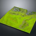 Realistic 3D Green Terrain Model With Rolling Hills And Rocky Mountain Peaks