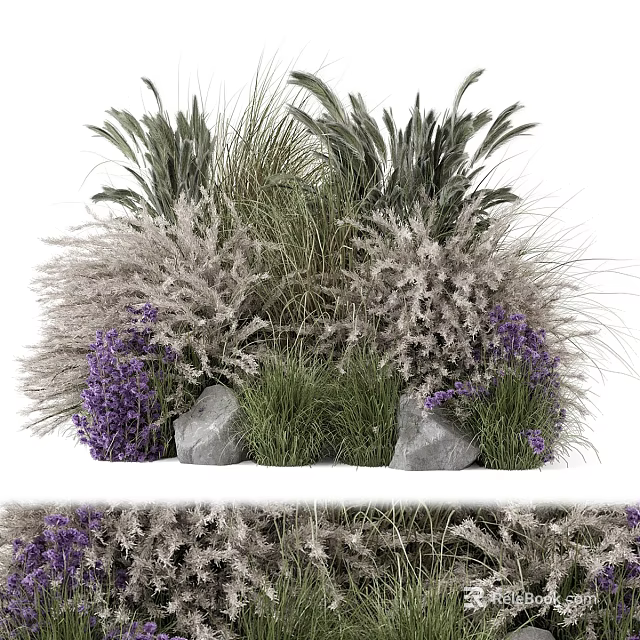 Vibrant Assorted Flowers And Ornamental Grasses With Purple Lavender Green Foliage And Garden Stones 3d model 