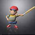 Child Wearing Red Cap And Striped Shirt Pointing With Baseball Bat And Backpack