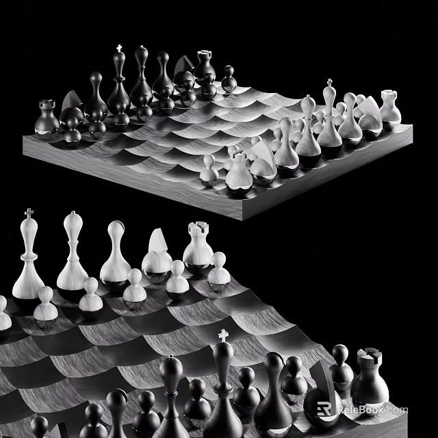 Unique Wavy Chessboard Design With Classic Chess Pieces For Board Game Entertainment 3d model 