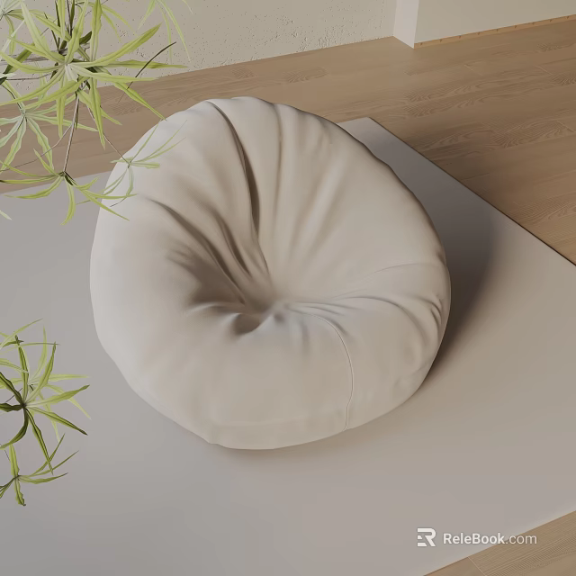 Beige Round Bean Bag Chair on Light Colored Mat with Green Plants and Wooden Floor 3d model 