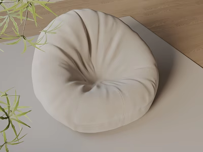 Beige Round Bean Bag Chair on Light Colored Mat with Green Plants and Wooden Floor 3d model