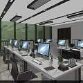 Public Office Space With Multiple Computers Modern Workstations And Bright Lighting 3d model